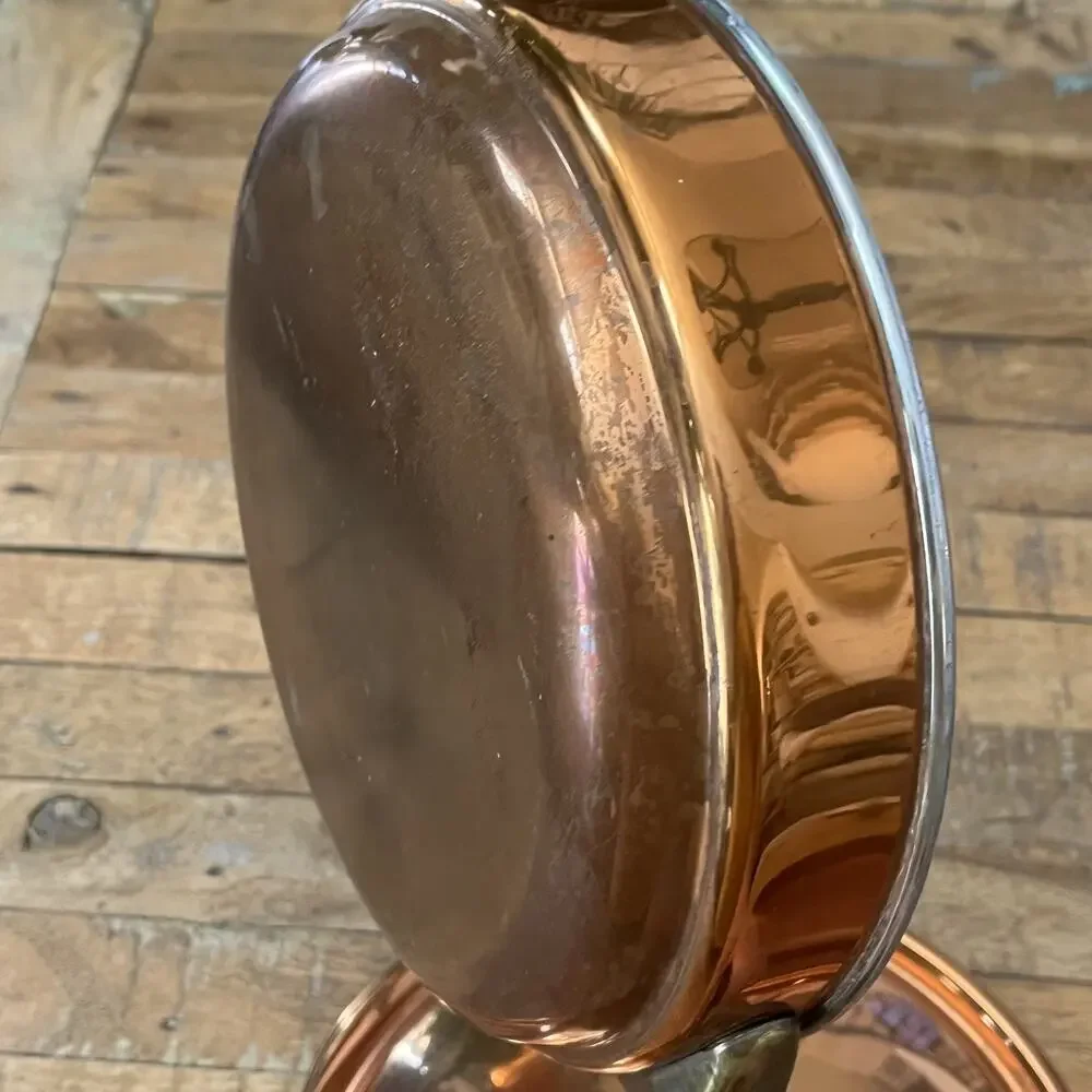 Vintage Copper Saute Pan Skillet with Lid Wood Handle